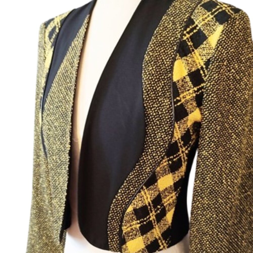 1990s Vintage Black & Yellow Color Blocked Cropped Short Jacket Mixed Fabrics - Picture 2 of 7